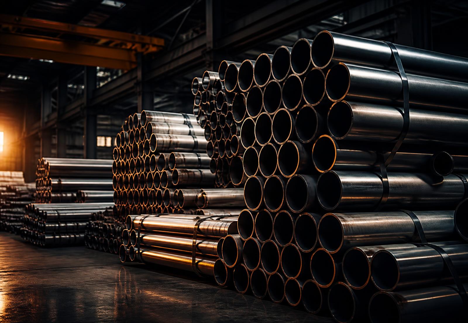 Stacked stainless steel seamless tubes in an industrial warehouse