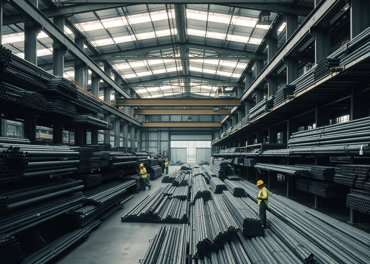 Steel pipes and bars organised on racks inside the Victory J Traders stockyard